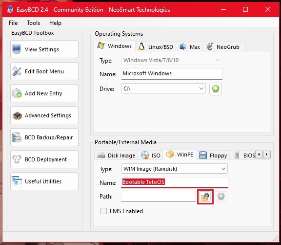 Select WinPE tab and name it Bootable TetoOS