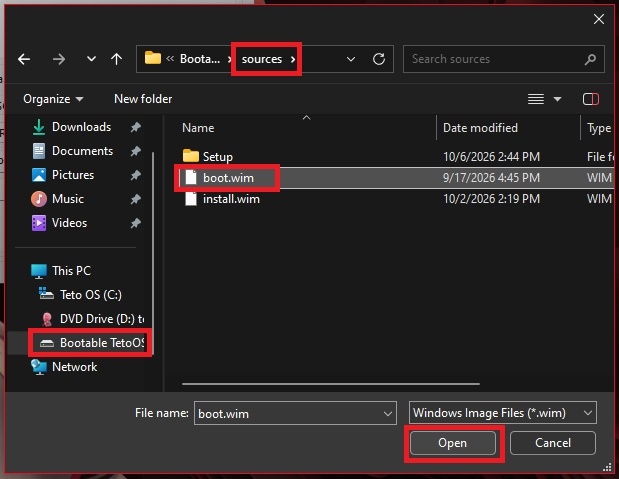 Browse to sources folder and select boot.wim