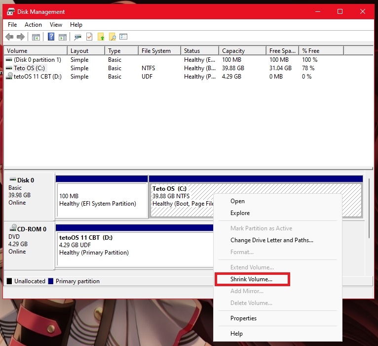 Right-click Drive C and select Shrink Volume