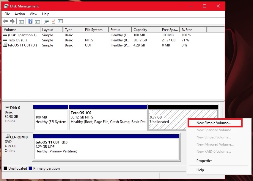 Right-click Unallocated space and select New Simple Volume