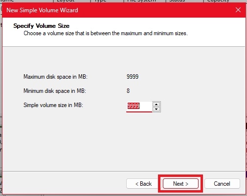Leave size at maximum and click Next