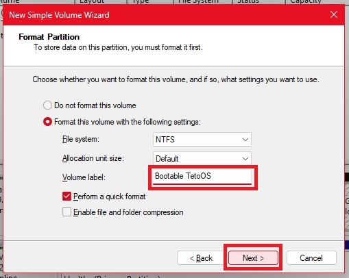 Format partition with NTFS and label Bootable TetoOS