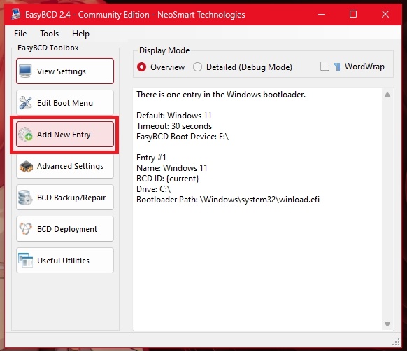 Open EasyBCD and click Add New Entry