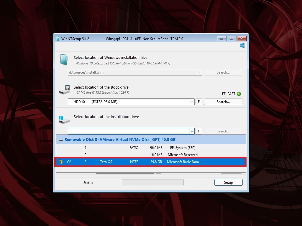 WinNTSetup Partition Selection